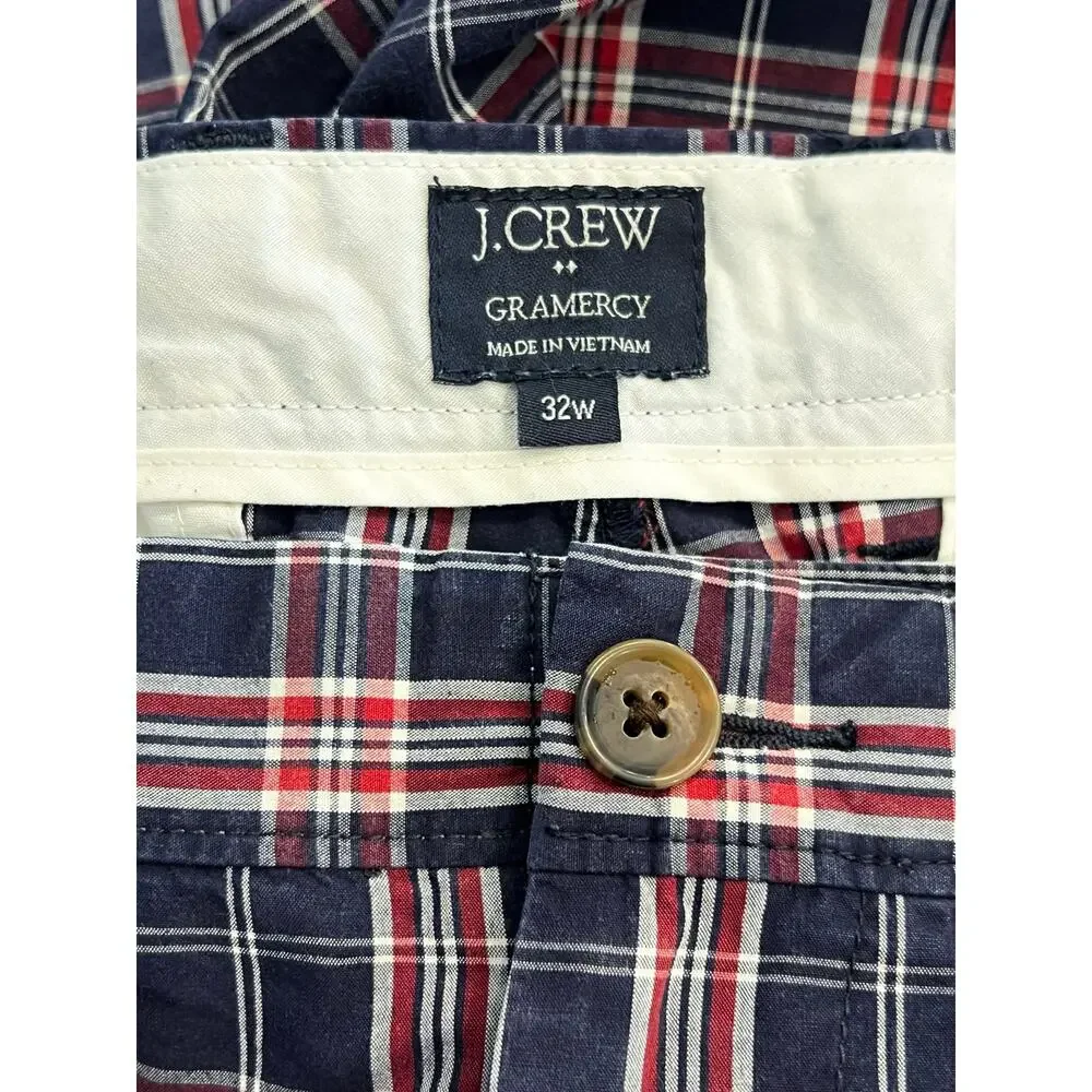 J. Crew Gramercy Plaid Shorts Mens 32 Chino Button Blue Red Preppy Vintage 32W